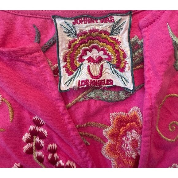 Johnny Was Pink Embroidered Floral Blouse Short Sleeve V-Neck M - Picture 8 of 9
